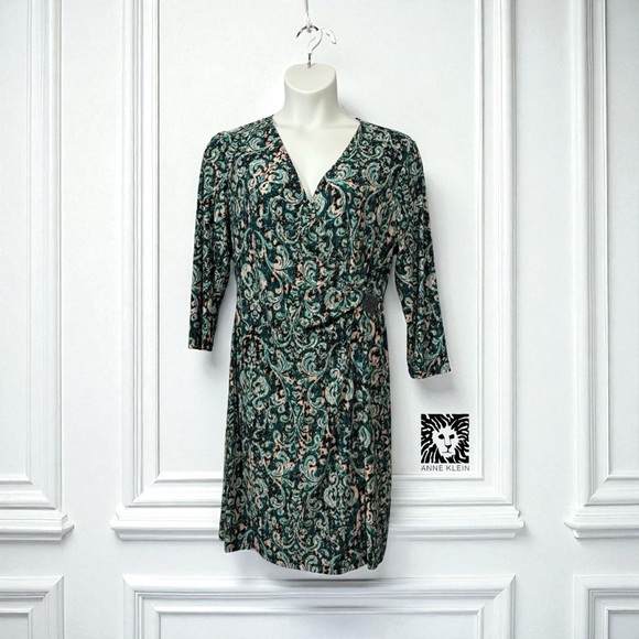 NEW, Anne Klein, Patterned Wrap Dress, Size 14, Green, Black, Pink - Picture 3 of 12